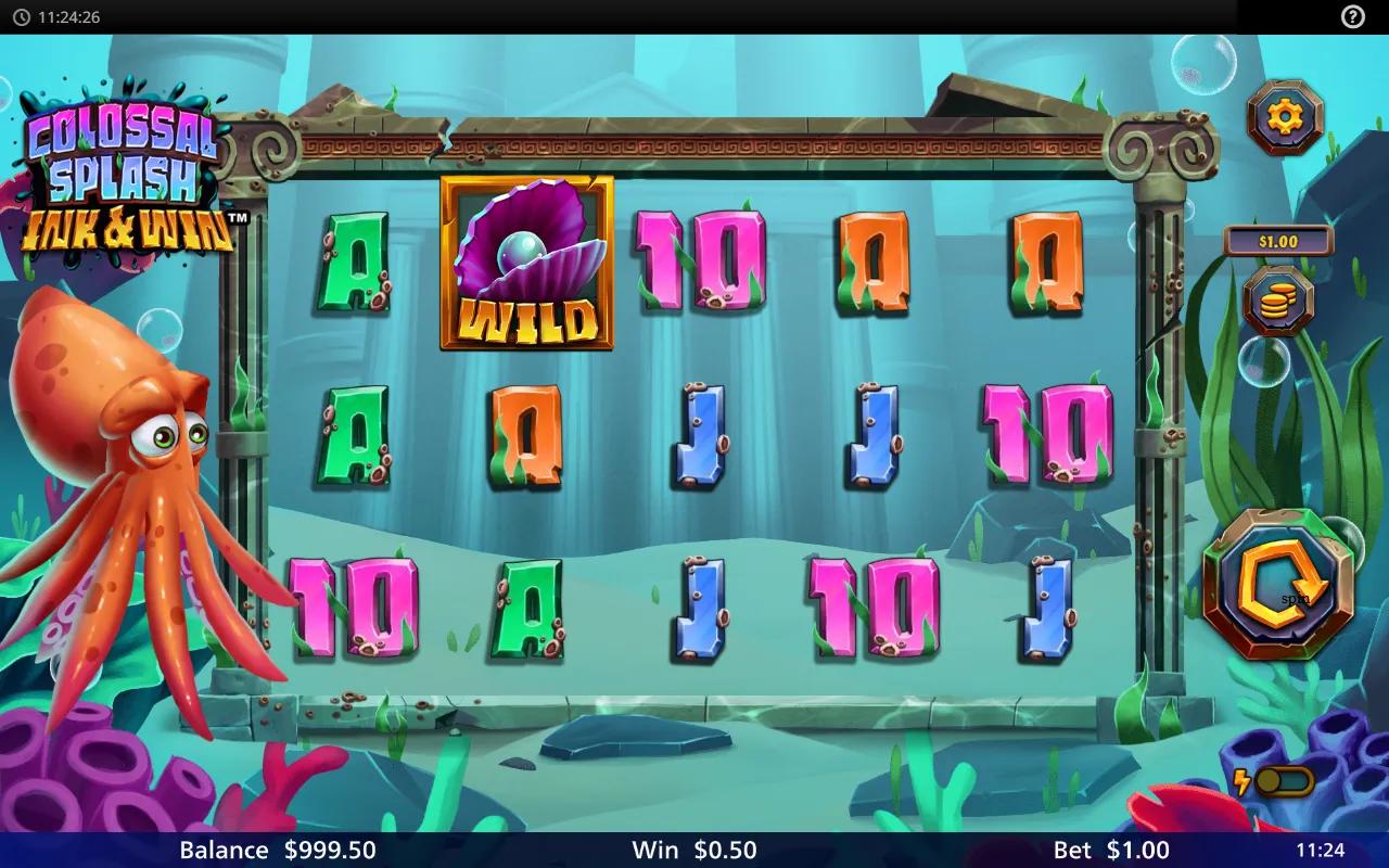 Colossal Splash Ink and Win gameplay showing 5x3 grid with seaweed-encrusted royal letters and orange octopus collector beside the reels