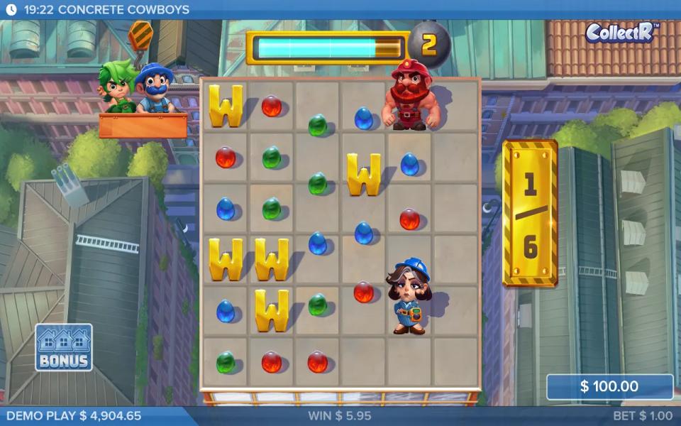 Gold Wild symbols standing on the 8x8 grid where a fired Collector's gems used to be, with HR Karen on the board and two builders sitting off-grid
