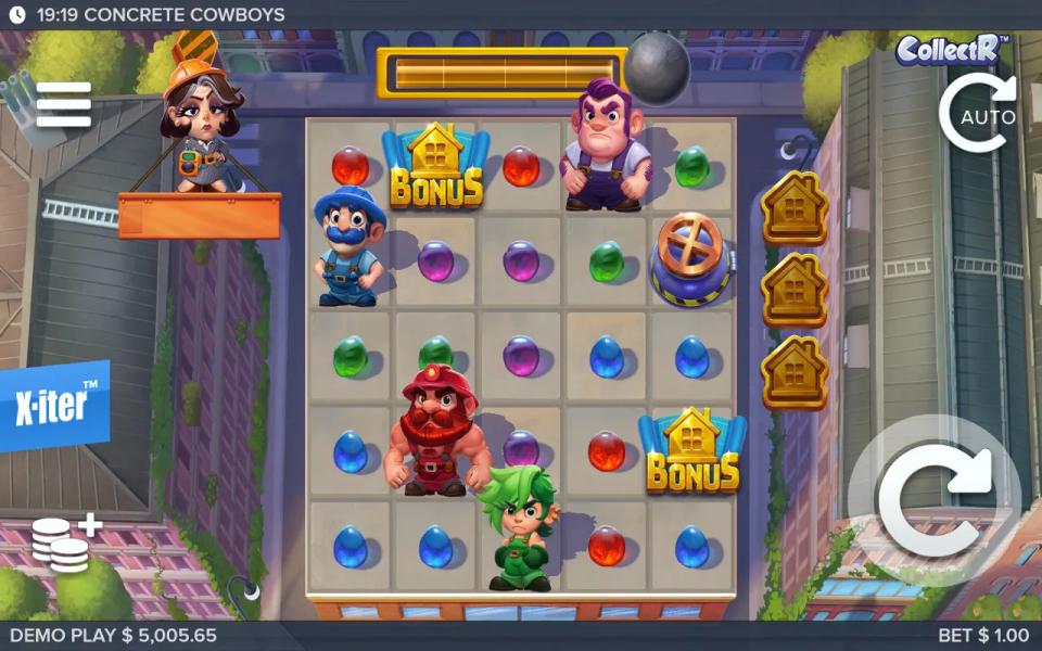 Concrete Cowboys 5x5 grid holding two gold Bonus house symbols while the three-slot inventory at the right stays empty