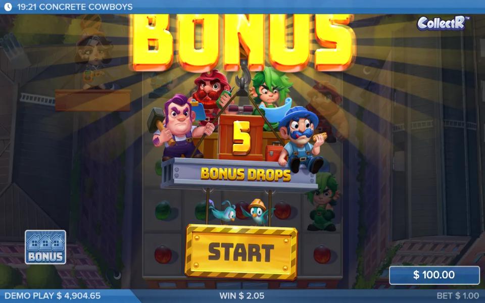 Concrete Cowboys bonus trigger screen with the inventory filled three of three and five bonus drops awarded
