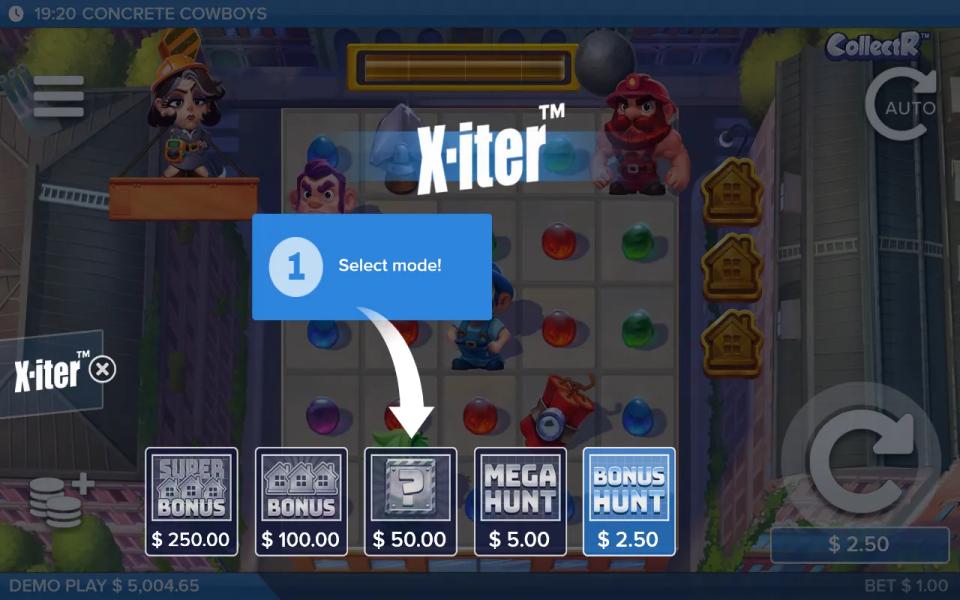 Concrete Cowboys X-iter buy menu open over the grid showing five purchase tiers from 2.5x to 250x