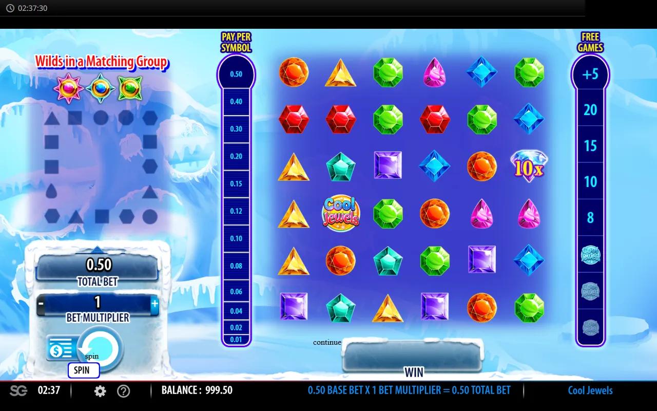 Cool Jewels 6x6 cluster grid of gem symbols with the frozen Pay Per Symbol meter on the left side.