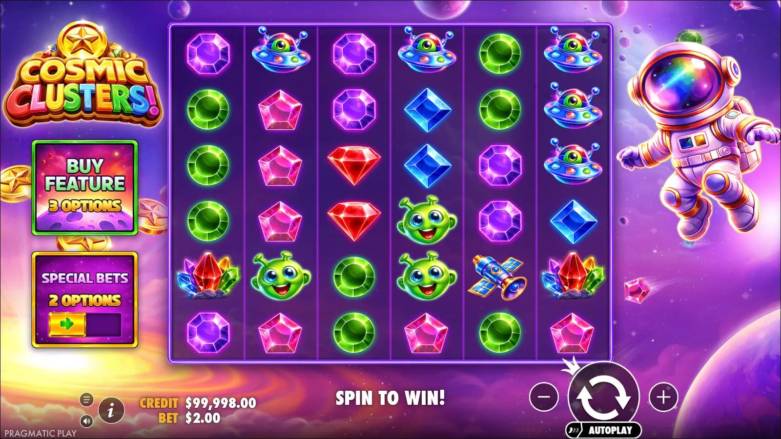 Cosmic Clusters slot gameplay showing 6x6 pay-anywhere grid with cosmic gems, green aliens and UFO symbols in deep space