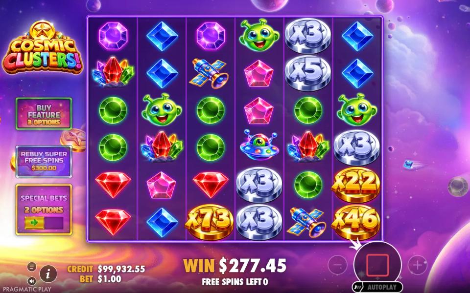 Cosmic Clusters grid after a Super Free Spins round showing silver 3x and 5x coins and gold 22x, 46x and 73x coins