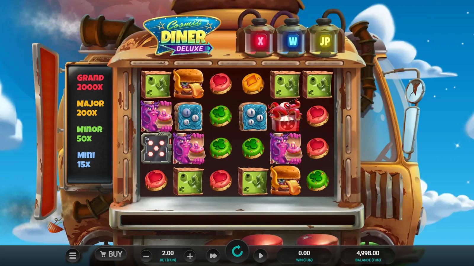 Cosmic Diner Deluxe slot gameplay showing the 6x4 grid of alien donut symbols inside a flying diner beside the jackpot ladder