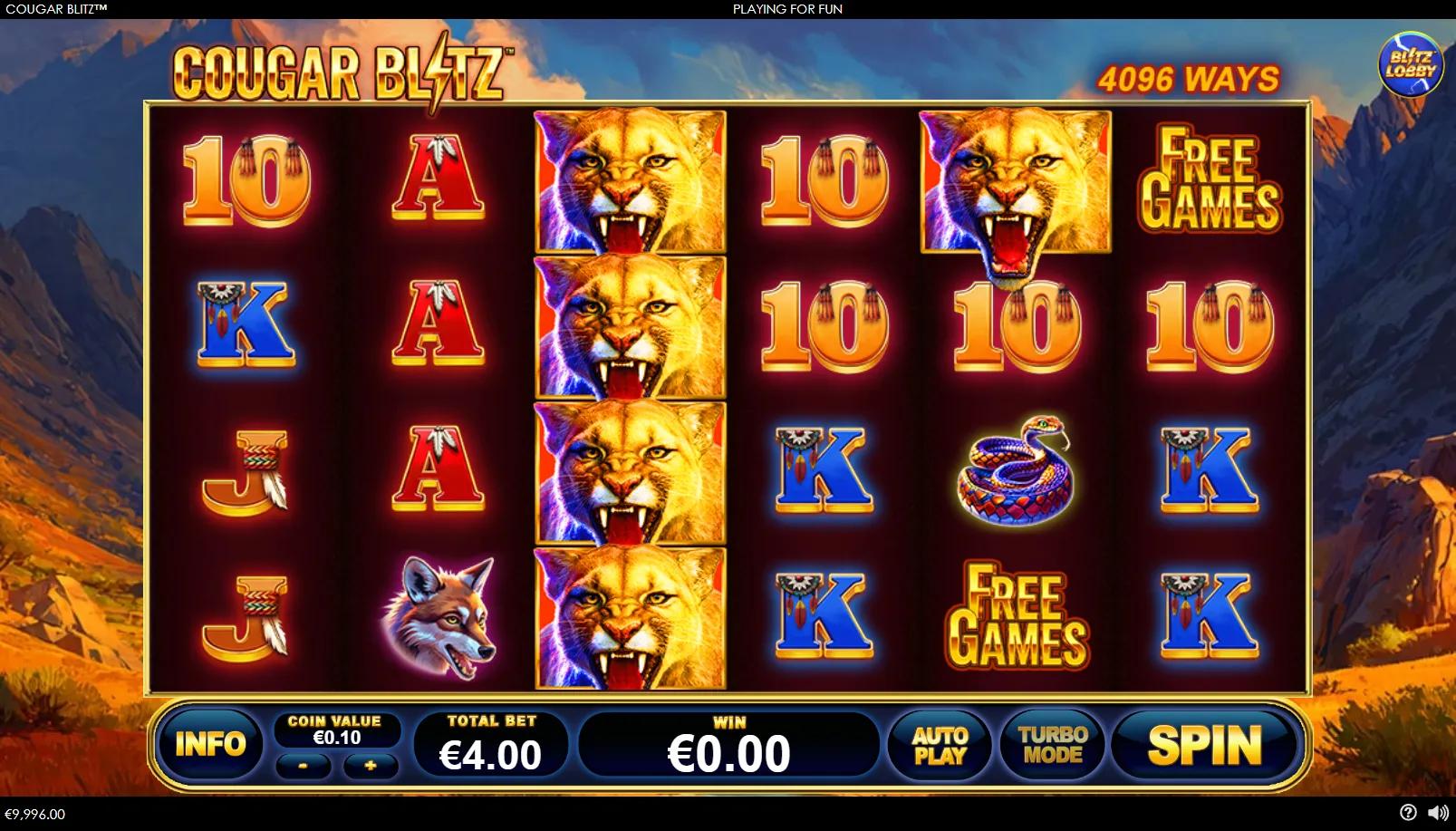 Cougar Blitz slot gameplay showing 6x4 4096 ways grid with stacked Cougar Wilds and two FREE GAMES scatters