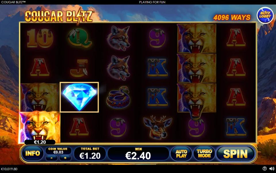 Cougar Blitz 6x4 board with a cougar on reel 1 and the diamond wild on reel 2 forming a win, stacked cougars on reel 5