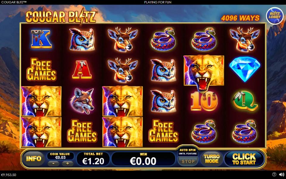 Three gold FREE GAMES scatters on the Cougar Blitz reels, triggering the bonus