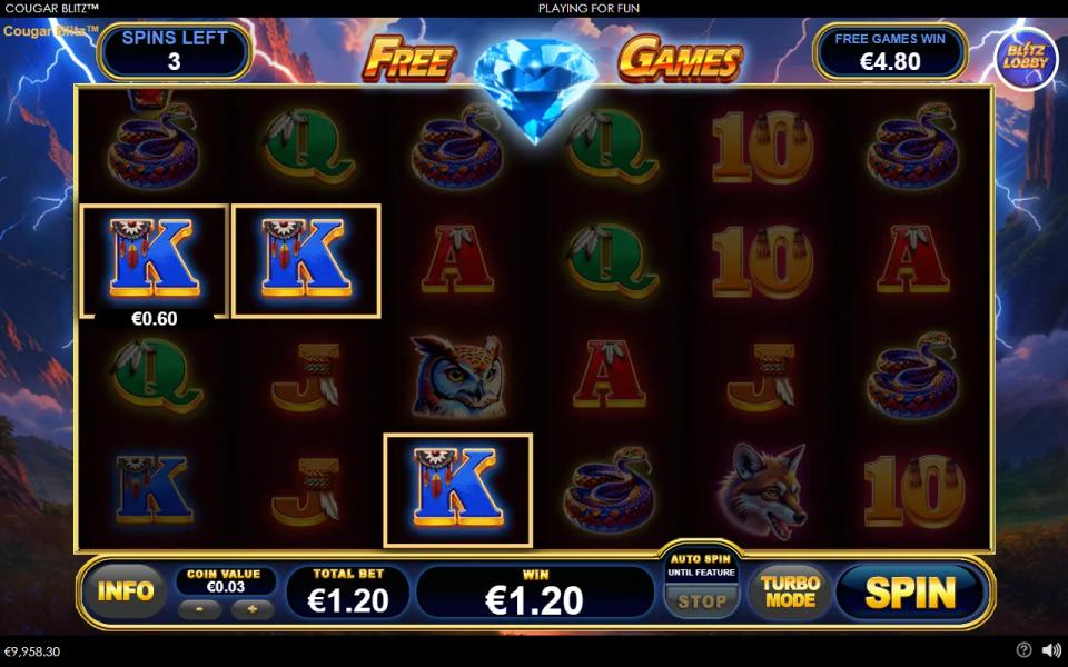 Three kings paying on reels 1 to 3 during Cougar Blitz free games, with the Free Games Win box running