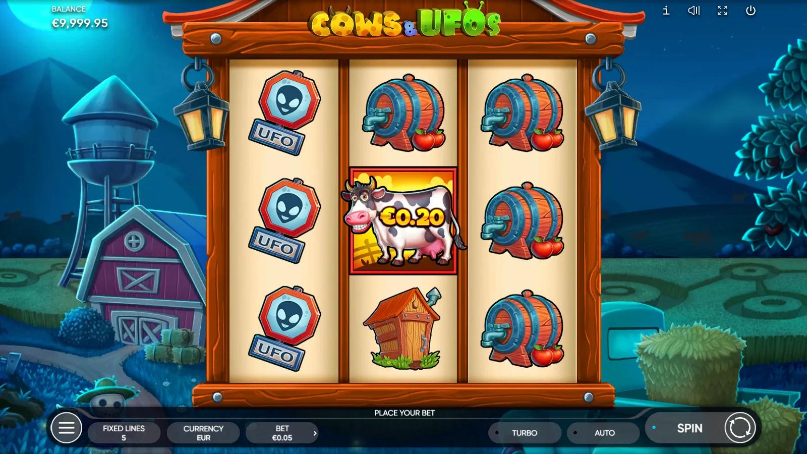 Cows & UFOs slot gameplay showing 3x3 farm reels with UFO wilds, a cash-value cow symbol and barn symbols at night