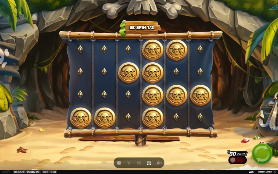 Crabby's Gold III Hold'n Spin with the sail filling with face-down gold coins and one respin remaining