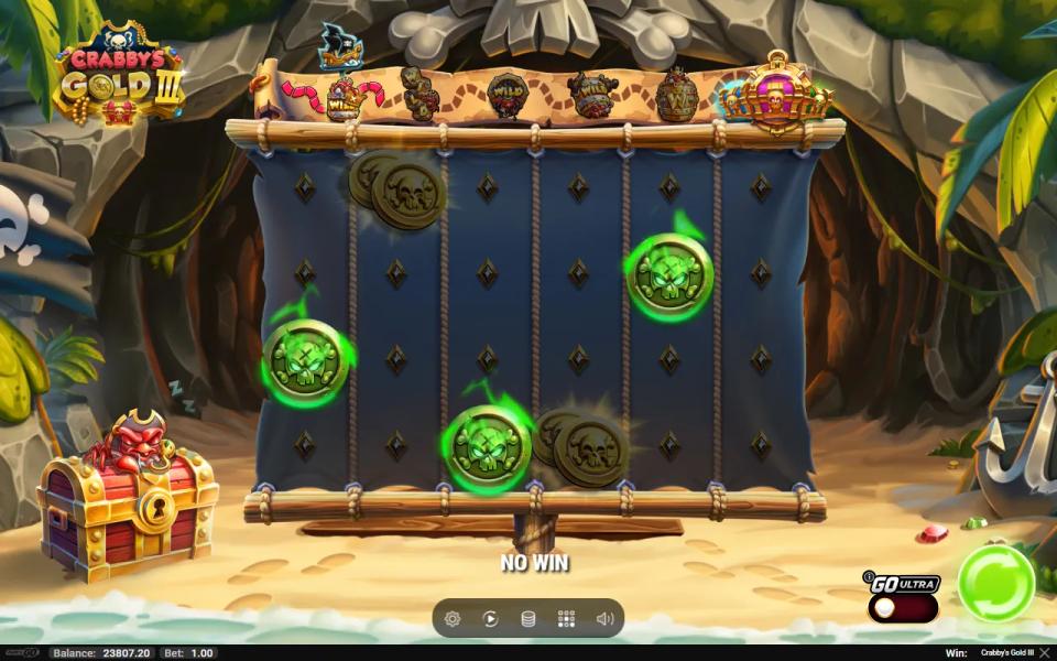 Crabby's Gold III Doubloon or Nothing resolved with three green wipe coins against two gold double coins and NO WIN printed below