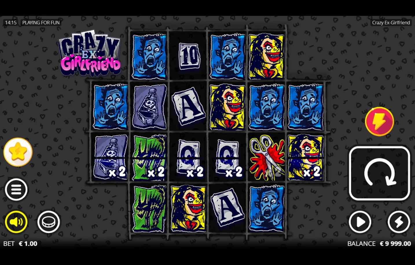 Crazy Ex-Girlfriend slot gameplay showing 2-4-4-4-4-2 grid with sticky ex symbols and position multipliers