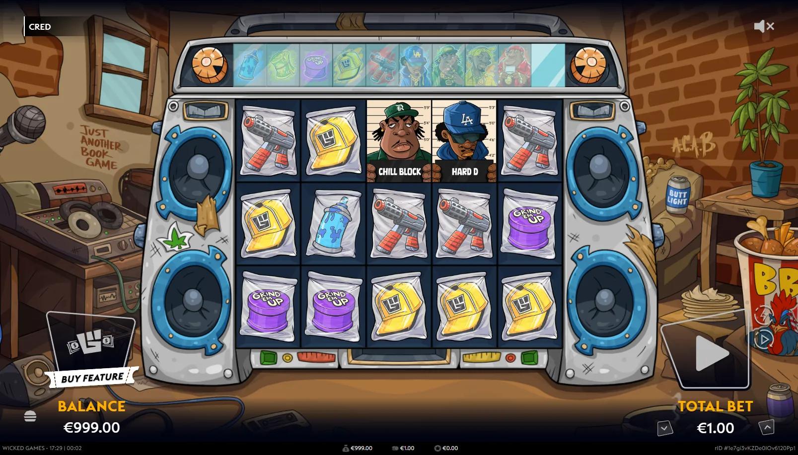 Cred slot gameplay showing 5x3 boombox grid with hip-hop character symbols and spray-paint paytable