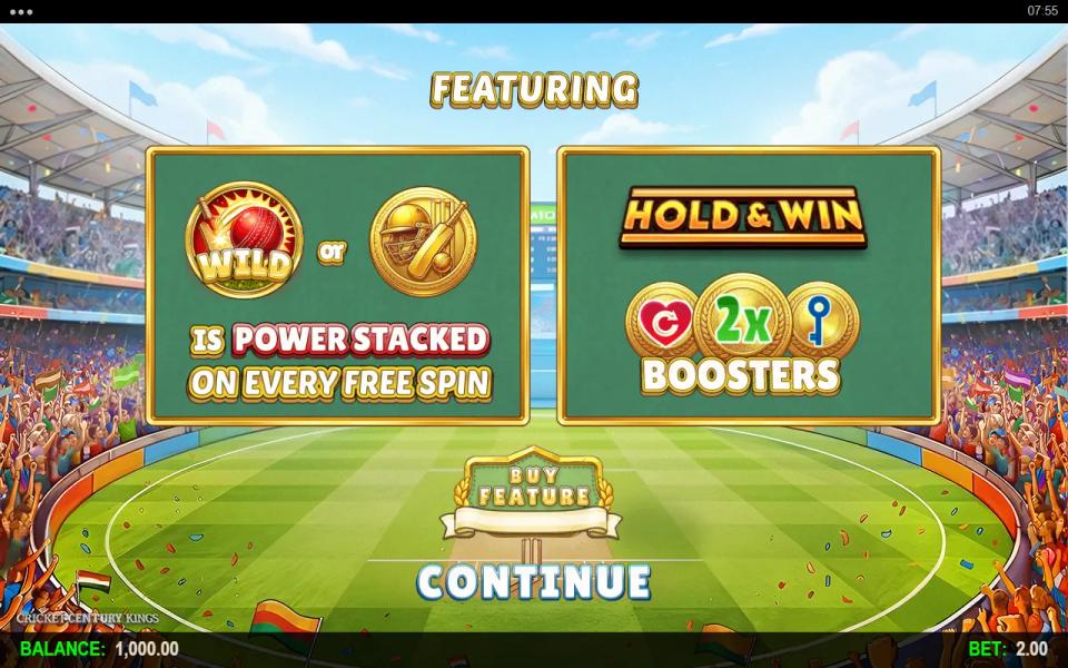 Cricket Century Kings splash screen advertising Power Stacked wilds on free spins and a Hold and Win round with booster coins