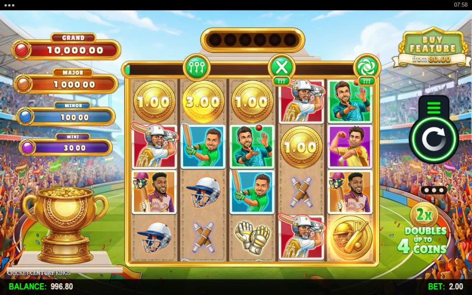 Cricket Century Kings 5x4 base grid with four gold cash coins on screen and the six-slot coin counter above the reels still empty