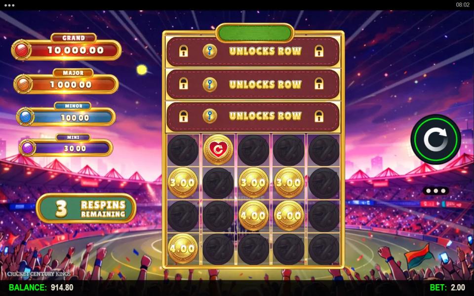 Cricket Century Kings Hold and Win round opening with three respins, held cash coins and three locked rows above the grid