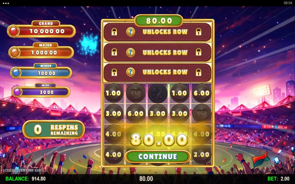 Cricket Century Kings Hold and Win board at zero respins remaining, filled with small cash coins and no prize coin anywhere