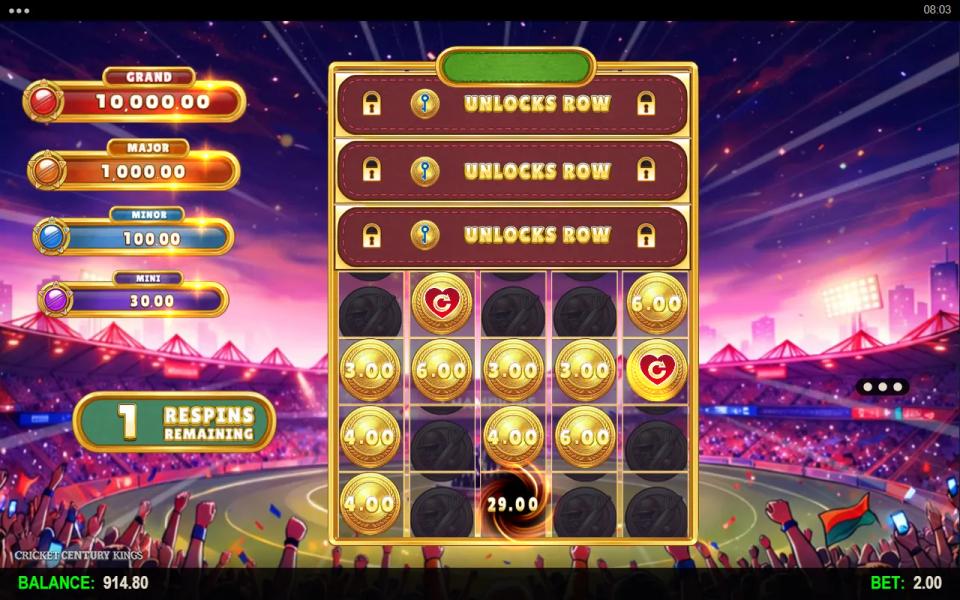 Cricket Century Kings Hold and Win round with one respin left, two red collector coins on the board and all three rows still locked