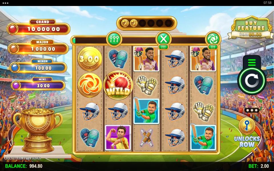 Cricket Century Kings base game showing a wild, a cash coin, the four-tier jackpot ladder, the Collection Pot trophy and an unlock-row badge