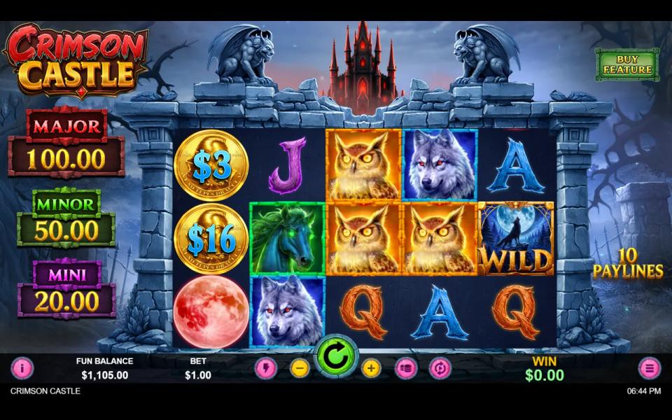 Crimson Castle base game on a 5x3 board with two golden coins worth 3 and 16 and a red moon on the first reel, owls, wolves and a wild
