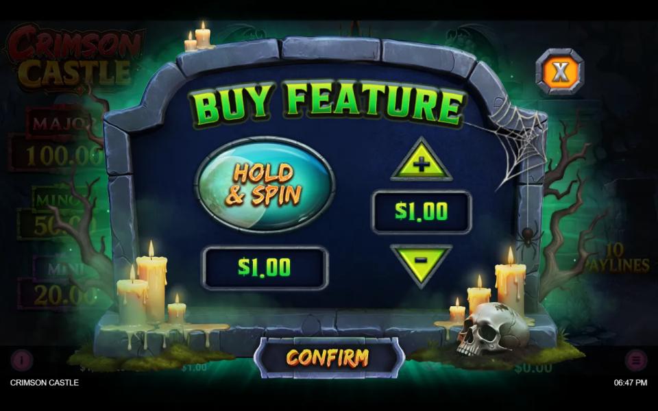 Crimson Castle Buy Feature panel offering Hold and Spin for 1.00 at a 1.00 bet