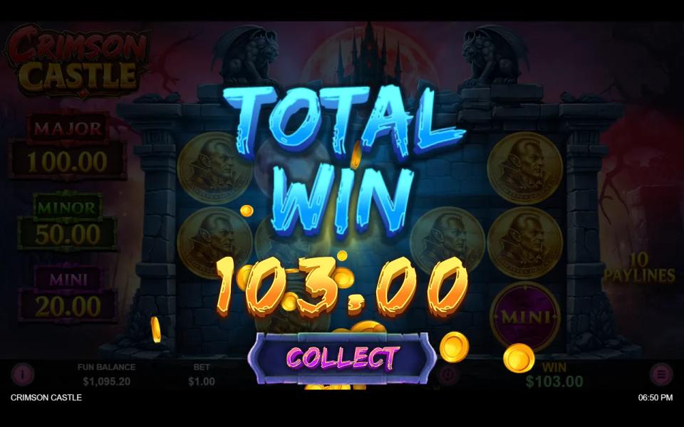 Crimson Castle Hold and Spin end card showing a total win of 103 from a 1.00 buy