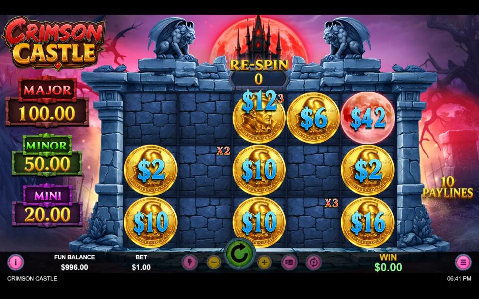 Crimson Castle Hold and Spin final respin with eight coins, the Moon at 42 and x2 and x3 multiplier marks on the board