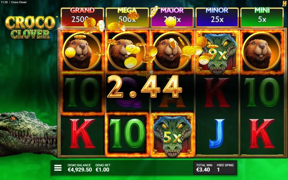Croco Clover Snap Zone free spin: five Beavers across the top row of the swamp reels with a 9x Sticky Wild Croco inside the line