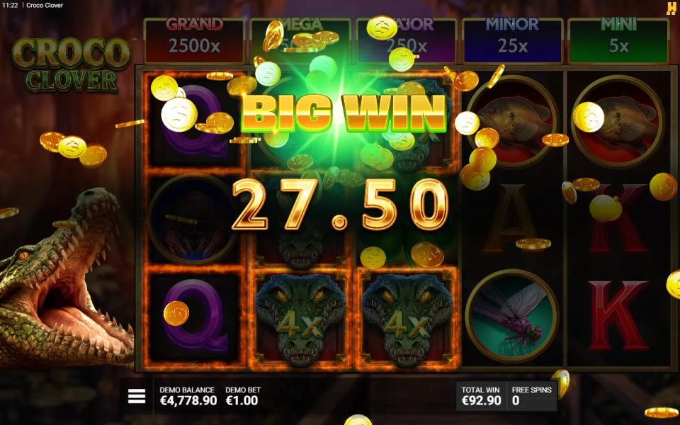 Swamp King free spin with four Sticky Wild Croco Multipliers grown to 11x, 9x, 4x and 4x on the 5x3 grid