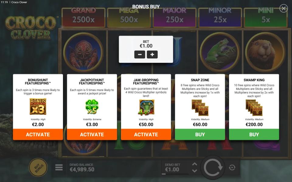 Croco Clover buy menu showing three FeatureSpins modes at 2x, 3x and 50x and the Snap Zone and Swamp King bonus buys at 60x and 200x