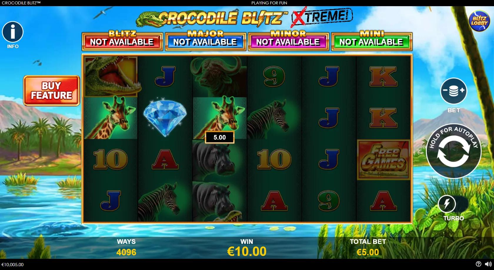 Crocodile Blitz gameplay showing a 6-reel African safari grid with stacked crocodiles and four jackpots