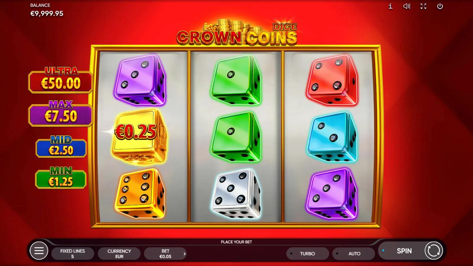 Crown Coins Dice slot gameplay showing the 3x3 dice reels with a gold Crown Coin cash symbol and MIN/MID/MAX/ULTRA jackpots