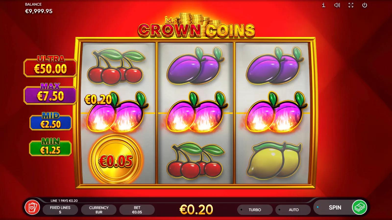 Crown Coins slot gameplay showing 3x3 fruit reels with a gold crown coin and ULTRA/MAX/MID/MIN jackpot plaques