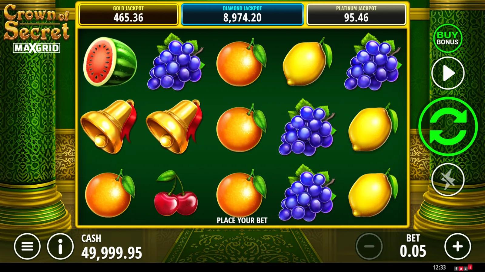 Crown of Secret slot gameplay showing 5x3 Arabian fruit grid with crown Wild, genie-lamp Bonus and MaxGrid feature