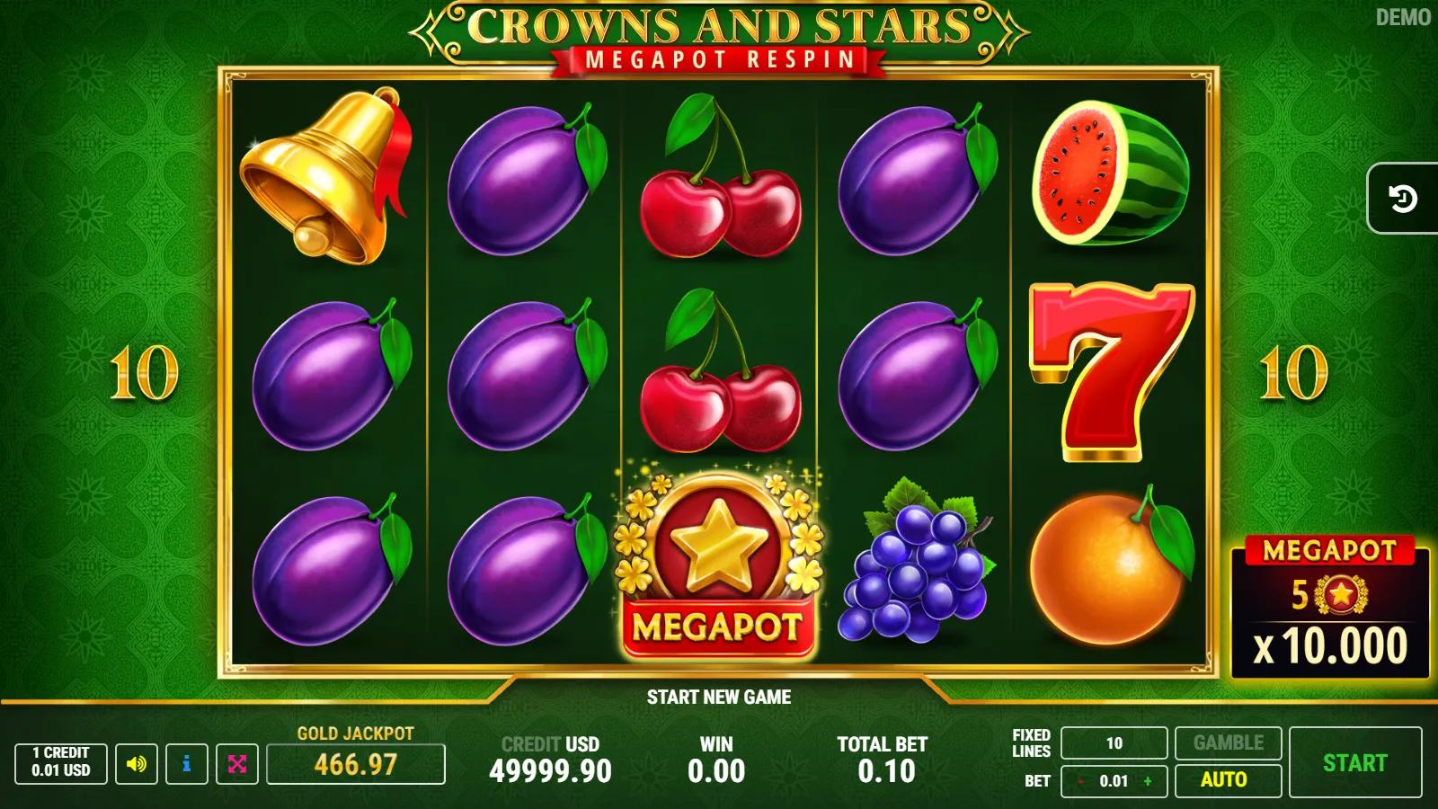 Crowns and Stars slot gameplay showing 5x3 fruit grid with gold Megapot star, red 7 and 3 mystery jackpots