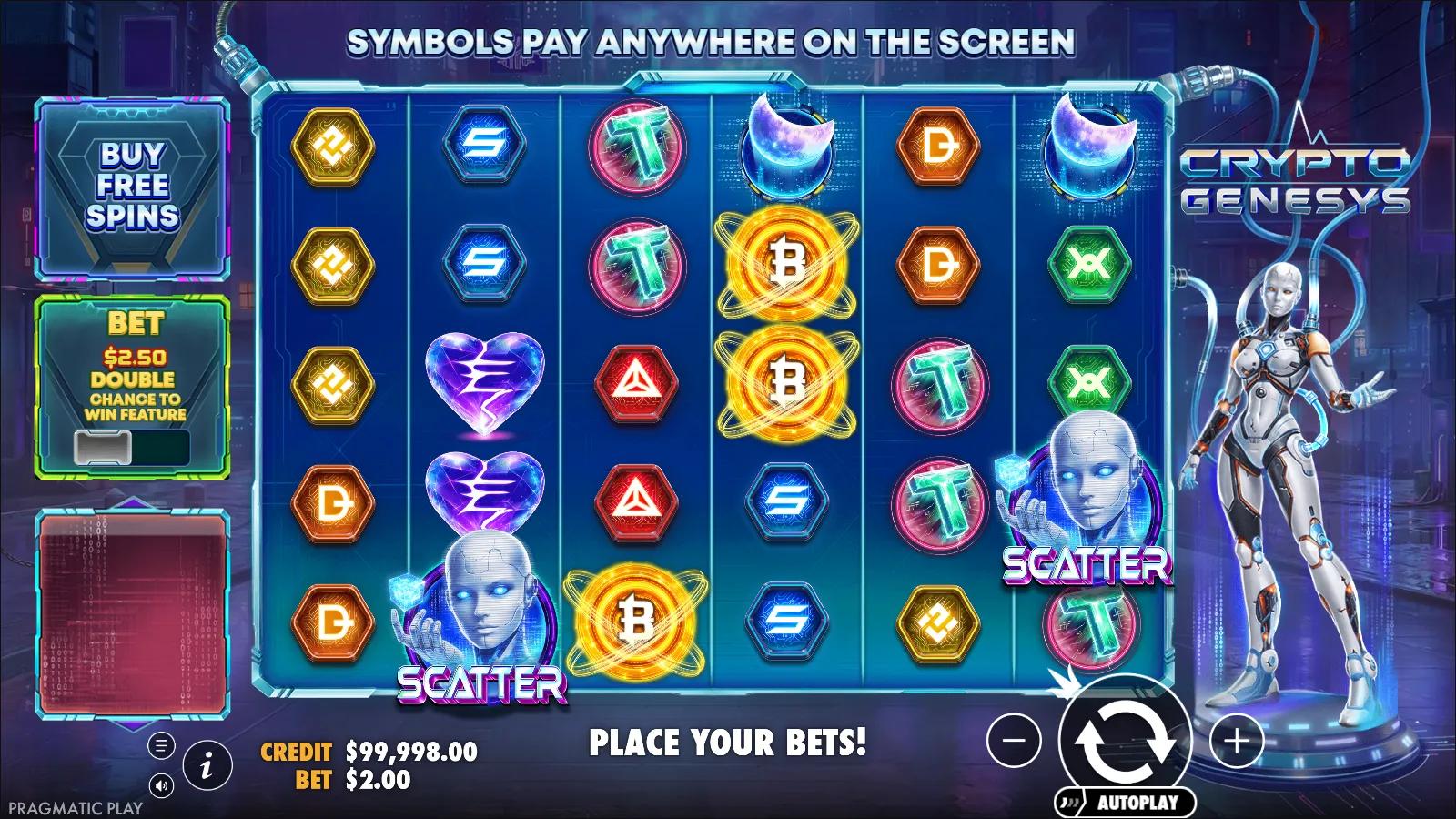 Crypto Genesys slot gameplay showing the 6x5 pay-anywhere grid with crypto-coin symbols and two android Scatter symbols