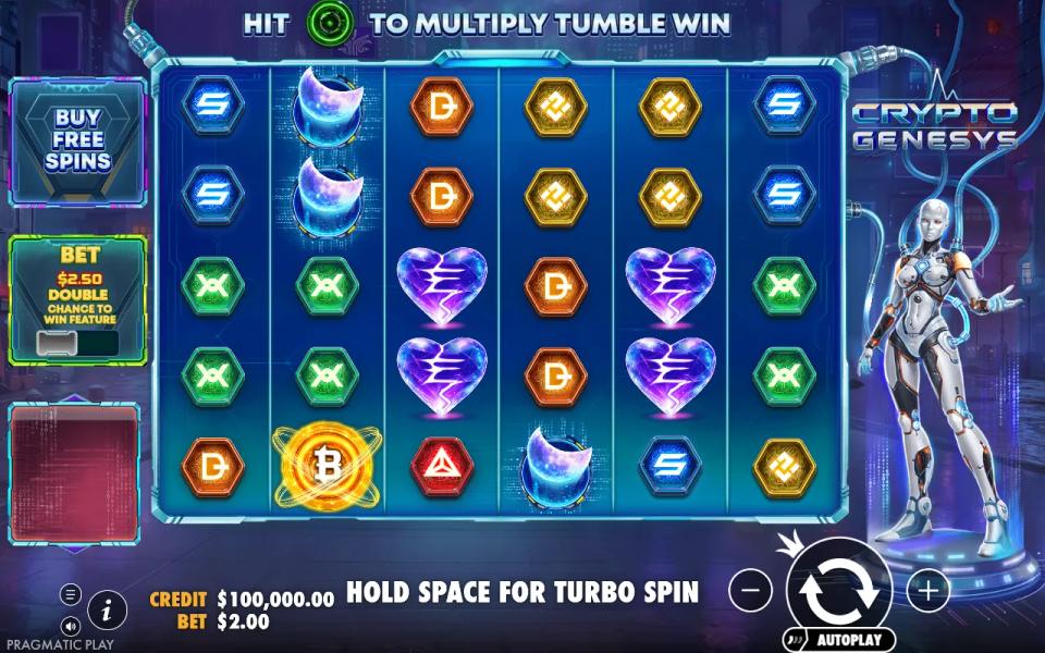 Crypto Genesys base game board, a 6x5 grid of Bitcoin, Ethereum and Tether symbols with the buy free spins and ante bet panels down the left side