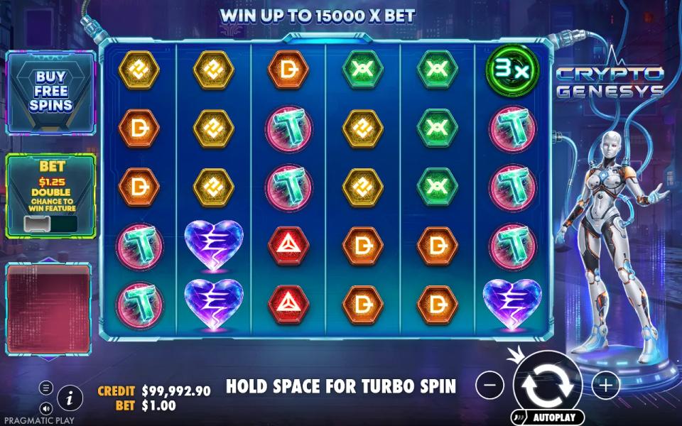A 3x multiplier orb on reel six of a Crypto Genesys board that formed no winning combination
