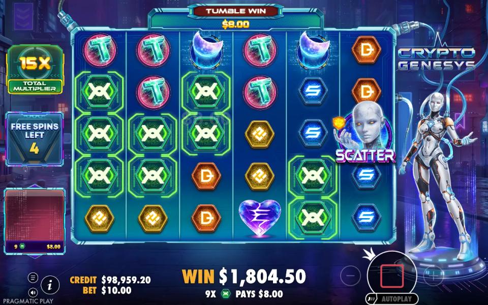 Crypto Genesys free spins with the total multiplier meter reading 15X while a nine-symbol green combination pays its unmultiplied amount