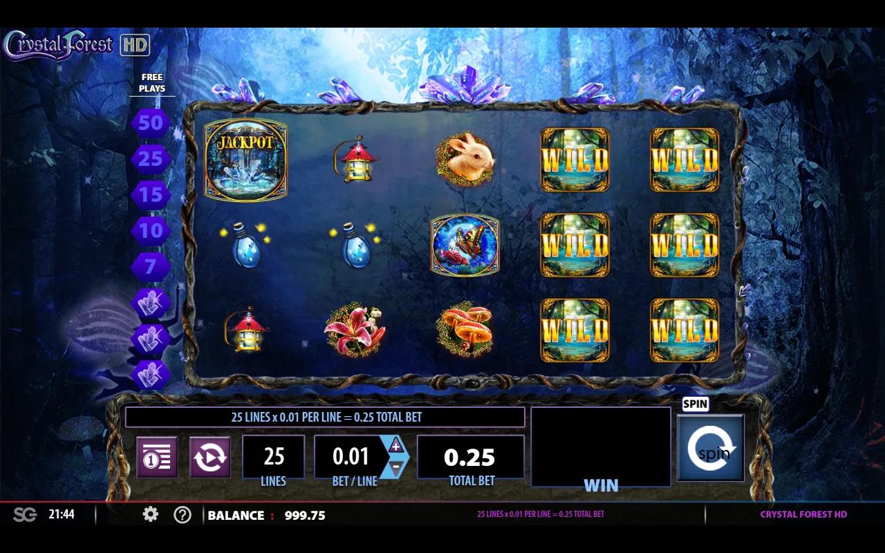 Crystal Forest 5x3 grid with full-reel stacked WILD tiles on reels 2 to 5 and the cascading reels mechanic active.