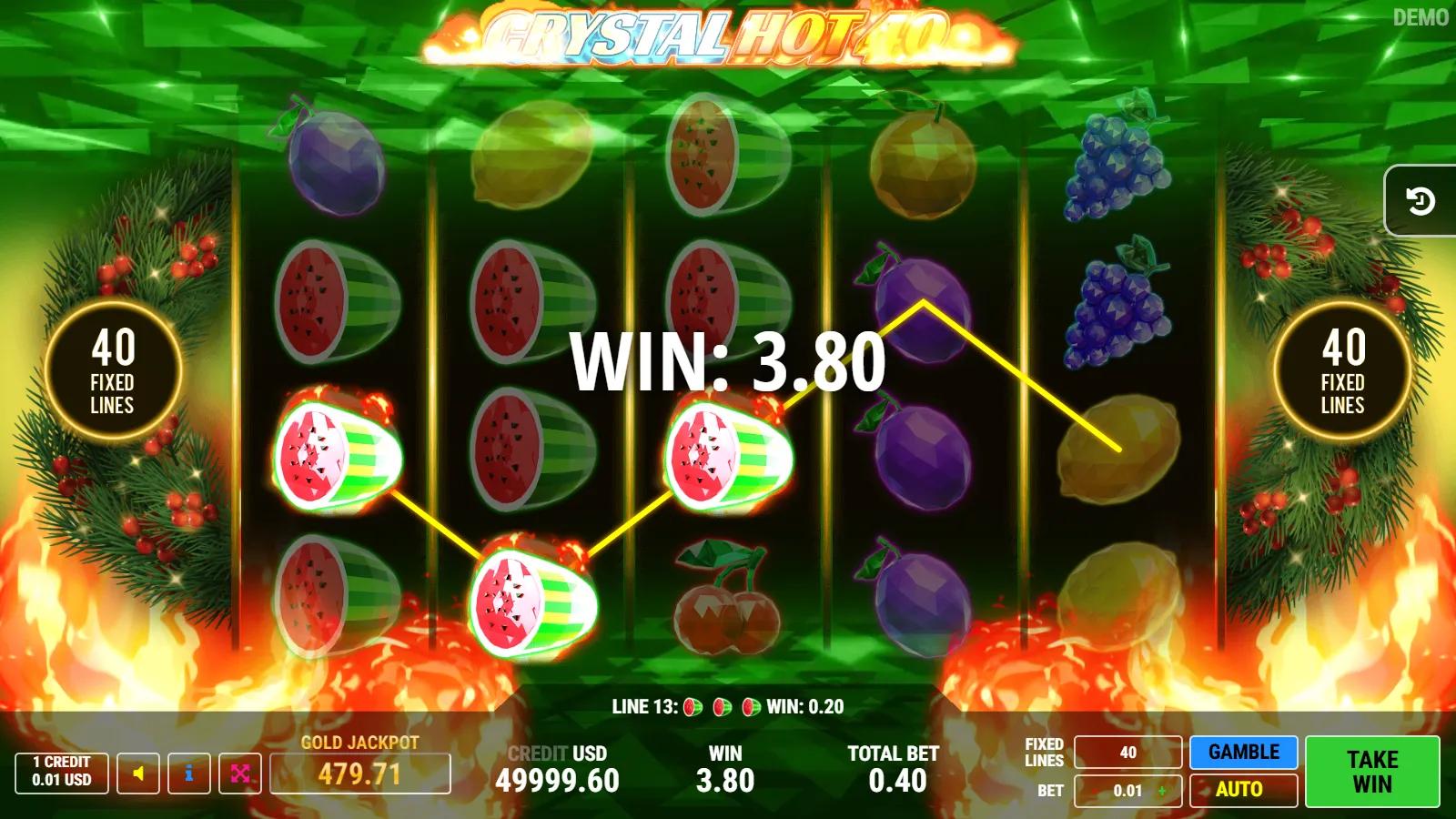 Crystal Hot 40 Christmas slot gameplay showing 5x4 crystal-fruit grid with gold star scatter and gem watermelon