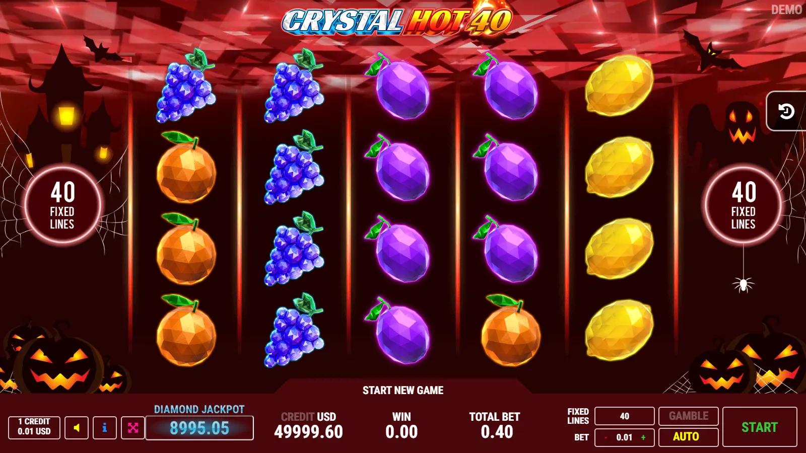 Crystal Hot 40 Halloween slot gameplay showing 5x4 crystal fruit grid with white star scatter and gem plums