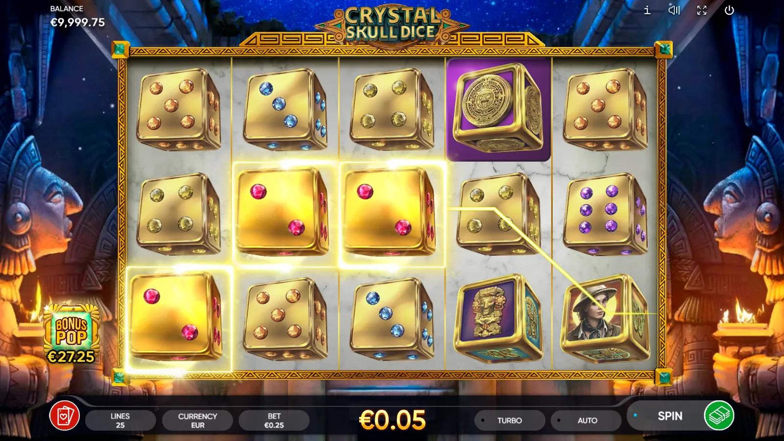 Crystal Skull Dice gameplay showing 5x3 golden gem-pip dice reels with Aztec masks and an explorer in a torch-lit temple
