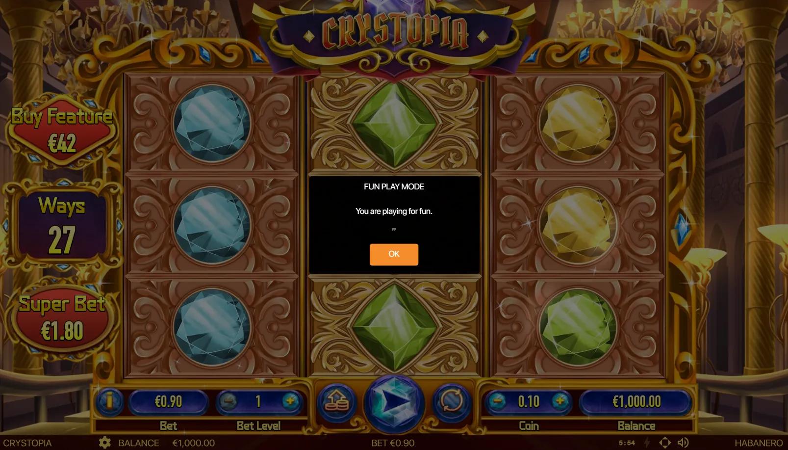 Crystopia slot gameplay showing compact 3x3 grid with diamond wild and colorful crystal gem symbols (ruby, sapphire, amethyst, emerald) on sparkling crystal-cavern backdrop