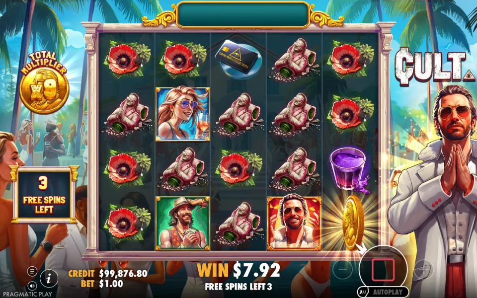 Cult free spins with a gold multiplier coin landing on reel 5 and the total multiplier at x9
