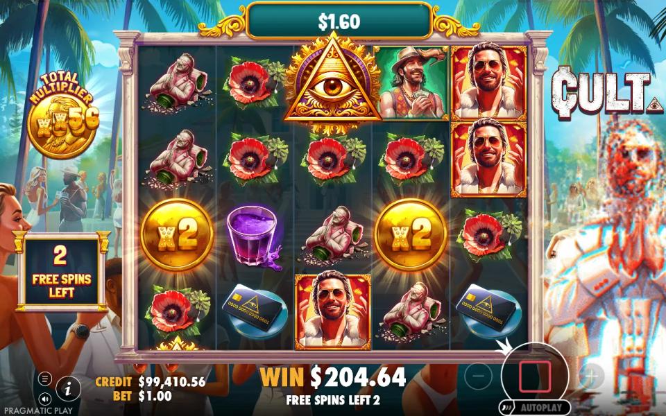 Cult Super Free Spins with two x2 gold coins on the board and the total multiplier near x56