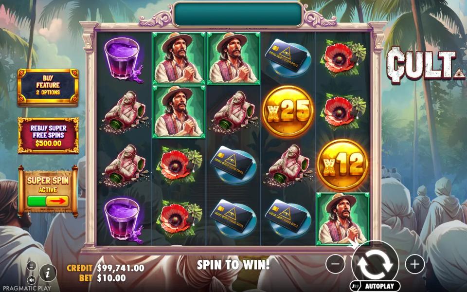 Cult Super Spin mode with 25x and 12x gold coins on reels 4 and 5 and no winning line