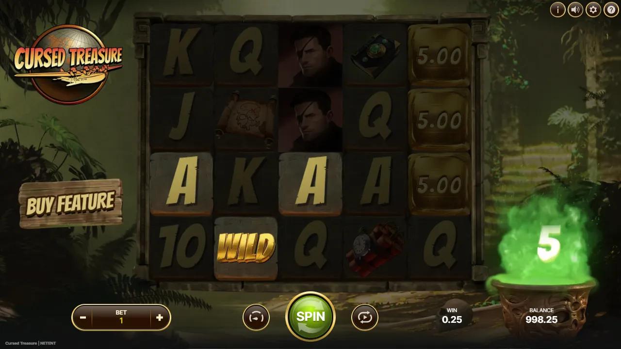 Cursed Treasure slot gameplay showing the 5x4 jungle ruins grid with Cash Prize symbols on the reels