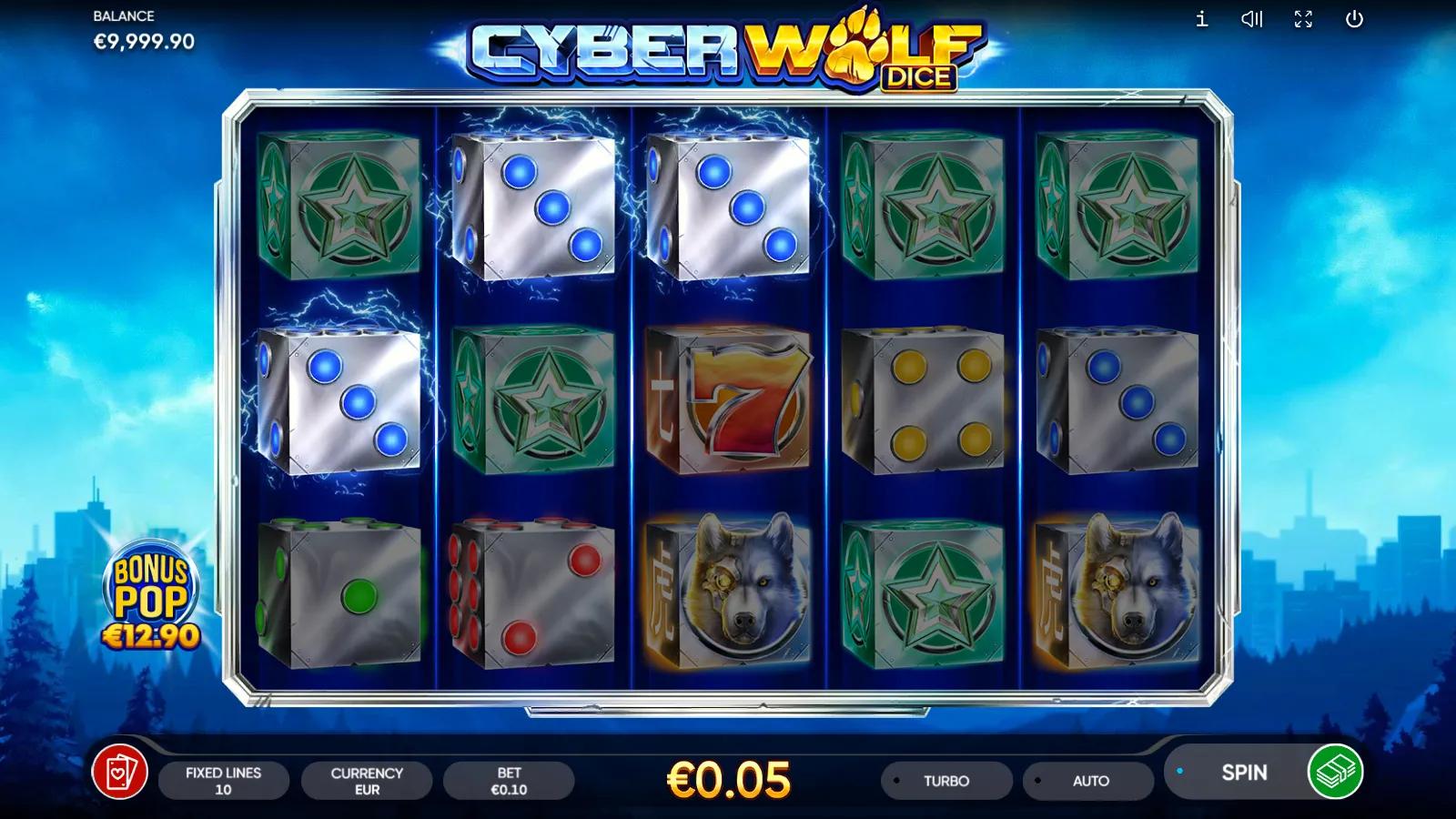 Cyber Wolf Dice gameplay showing 5x3 metal dice reels with a cyber-wolf Wild and howling-wolf Scatter on a neon skyline